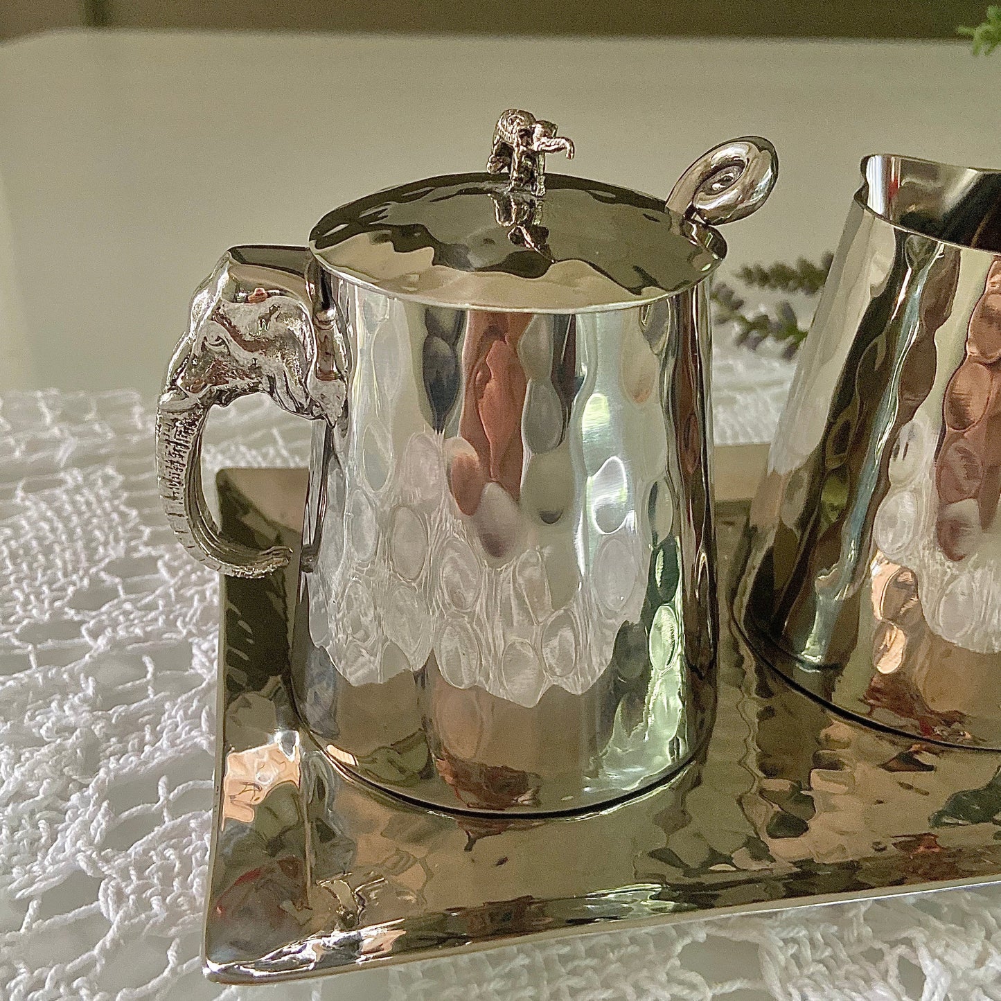 Elephant Hammered Sugar & Cream Set with Tray