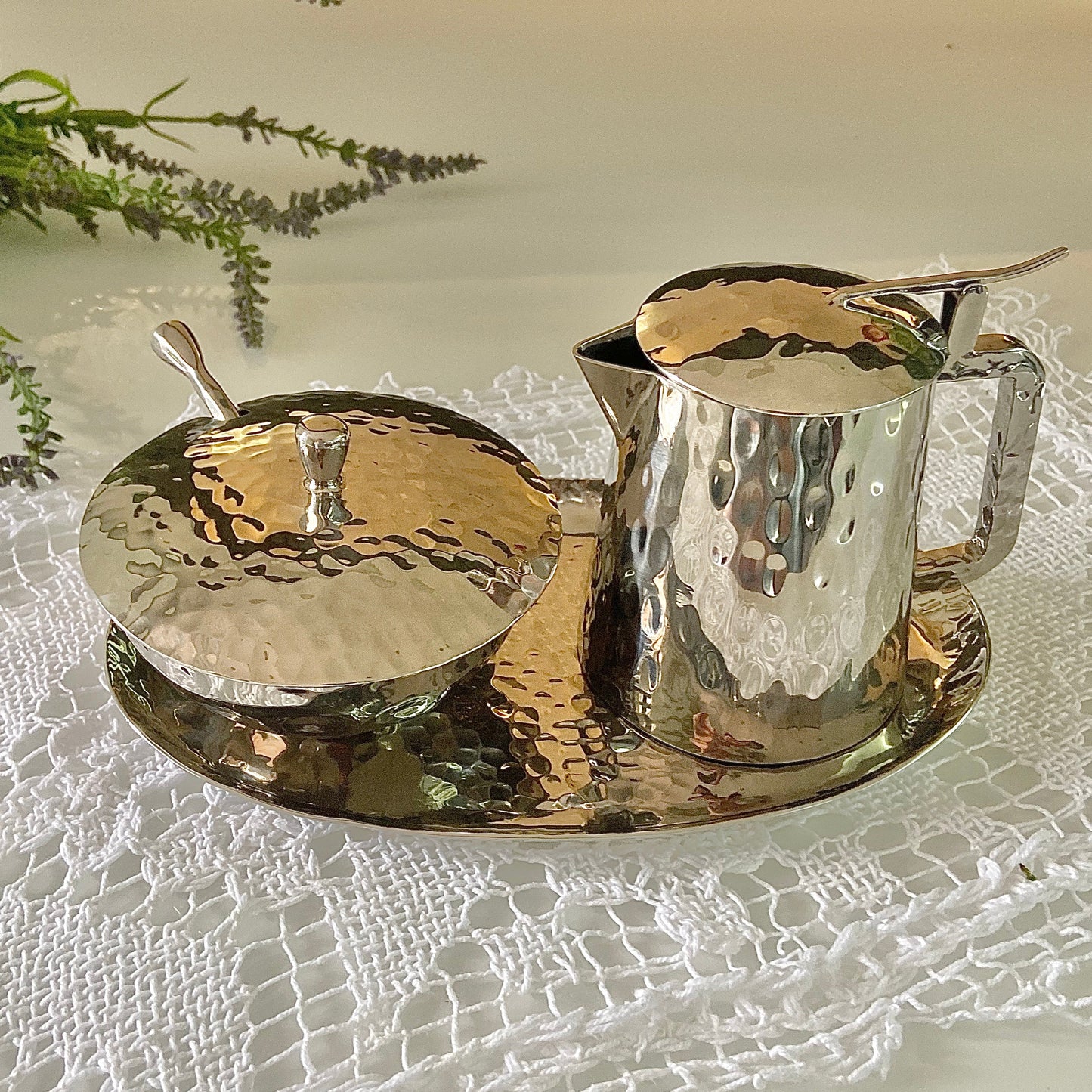 Moon River Hammered Sugar & Cream Set with Tray